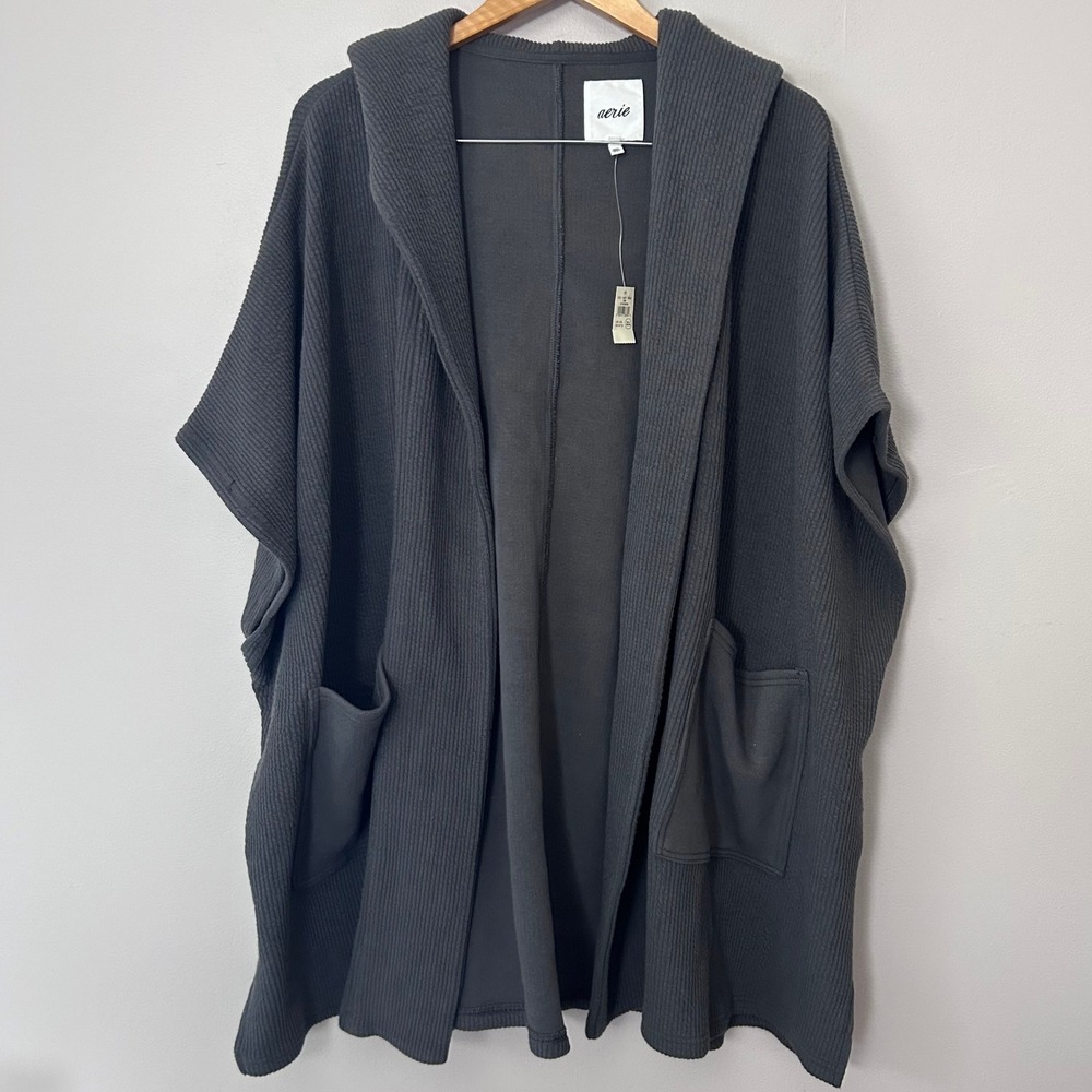 Aerie Cardigan Womens L XL Gray Hooded Ribbed Open Front Poncho Pockets NWT